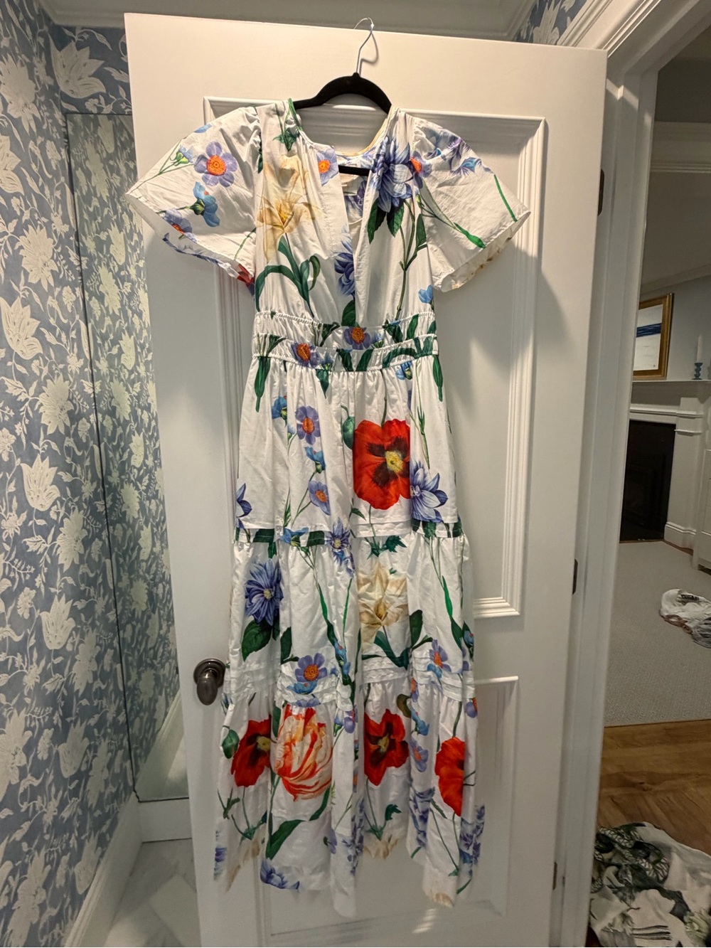 Anthropologie White Floral Maxi Dress with Red, Blue & Green Blooms